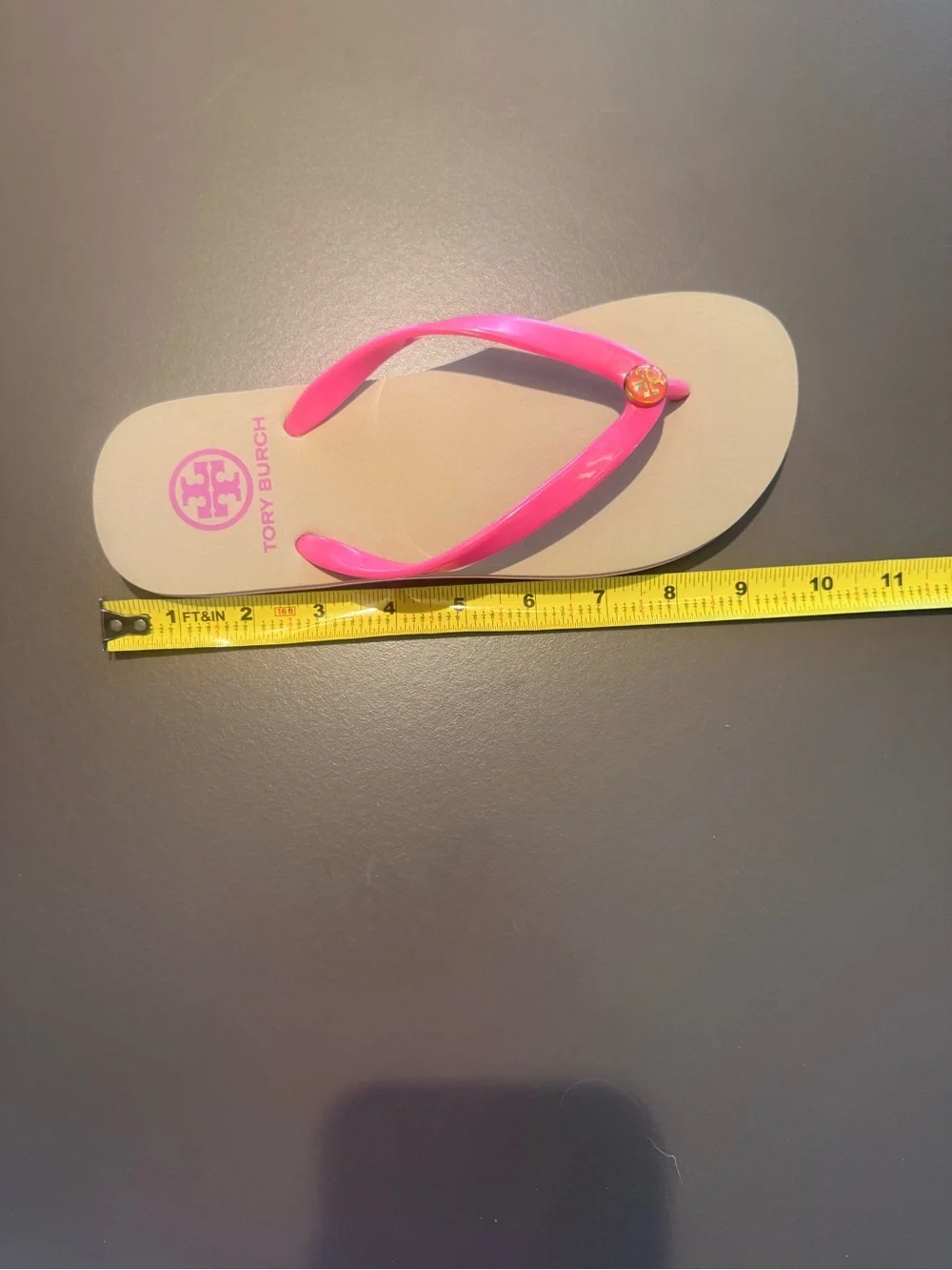 Tory Burch Eva Pink Tan Stripe side Logo Flip Flop Sandals Size 5-6